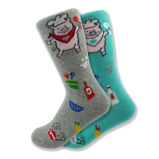 Women's Mismatched Piggy Chef Socks in Purple & Turquoise
